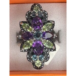 DK Sterling Silver Amethyst Peridot Topaz Spinel Cocktail Ring Size 5- NEW